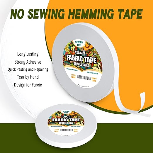Fabric Tape - Double-Sided, Strong Adhesive Cloth Tape, No Sewing or Ironing, Gluing, Alterations and Hemming - 1/2inch Wide, 180FT Long