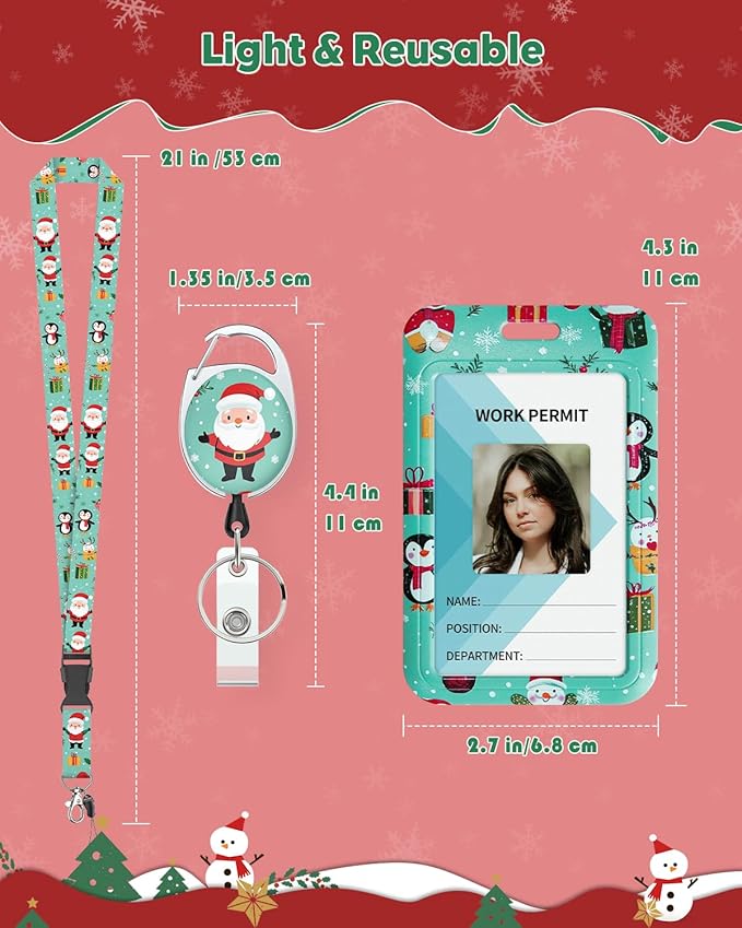 Uniclife Christmas Sliding Badge Holder Cartoon Santa Claus Hard ID Card Holder with Retractable Badge Reel Carabiner & Detachable Lanyard Strap Vertical Card Protector for Women Nurse Teacher Student