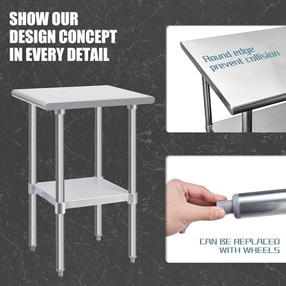Hally Stainless Steel Table for Prep & Work 24 x 15 Inches, NSF Commercial Heavy Duty Table with Undershelf and Galvanized Legs for Restaurant, Home and Hotel