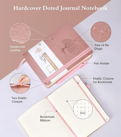 Dotted Journal Notebook, 360 Numbered Pages Bullet Journals, 100gsm Dot Paper Thick Hardcover Leather Journal for Writing Women Men,A5 Dotted Grid Notebooks for Work 5.75" x 8.38" Pink