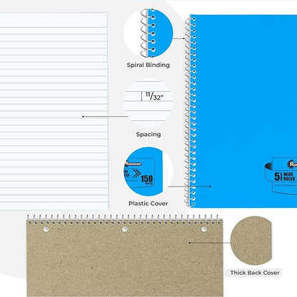 5 Subject Spiral Notebook, 3 Pack, Wide Ruled, Water Resistant Cover, Thick 300 Pages/Book (150 Sheets), 8 x 10-1/2, 3 Hole Punched, Colored Dividers, Assorted Colors, Bulk School & Office