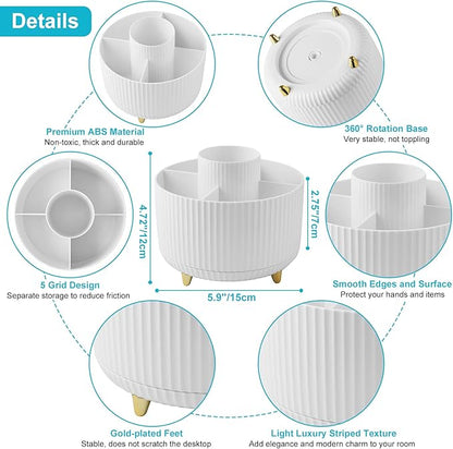 Desk Pencil Pen Holder - 5 Slot 360 Degree Rotating Desk Pen Organizer for Desktop Storage Stationery Supplies Cup Pot - White
