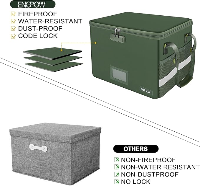 ENGPOW File Box with Lock,Fireproof Document Box with Pockets,Collapsible File Storage Organizer Filing Cabinet with Handle,Portable Home Office Safe for Hanging Letter/Legal Folders,2 Pack(Green)