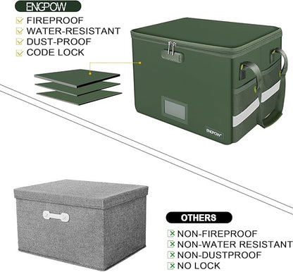 ENGPOW File Box with Lock, Fireproof Document Box with Zipper Lid, Collapsible File Storage Organizer Filing Cabinet with Handle, Portable Home Office Safe for Hanging Letter/Legal Folders, Green