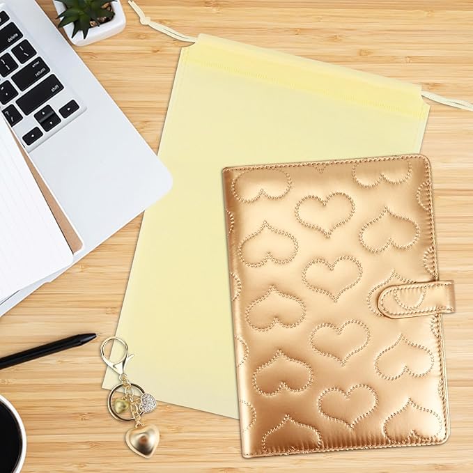 A5 PU Leather Cotton-Padded Binder 6-Ring Notebook Binder Cover with Gold Keychain for A5 Filler Paper, Refillable A5 Personal Planner Budget Binder with Magnetic Buckle Closure (Gold, A5)