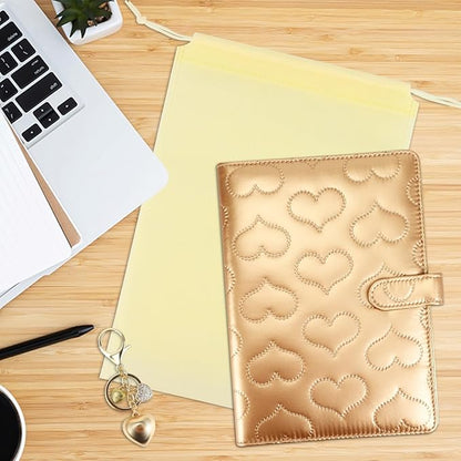 A5 PU Leather Cotton-Padded Binder 6-Ring Notebook Binder Cover with Gold Keychain for A5 Filler Paper, Refillable A5 Personal Planner Budget Binder with Magnetic Buckle Closure (Gold, A5)