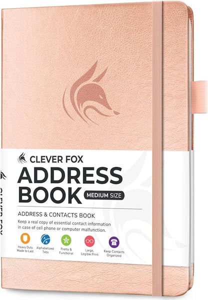 Clever Fox Address Book with alphabetic tabs - PU Leather Telephone and Address Book for Keeping Contacts Safe, Contact Organizer Journal, Medium Size (5.3″ x 7.7″) Hardcover, Rose Gold