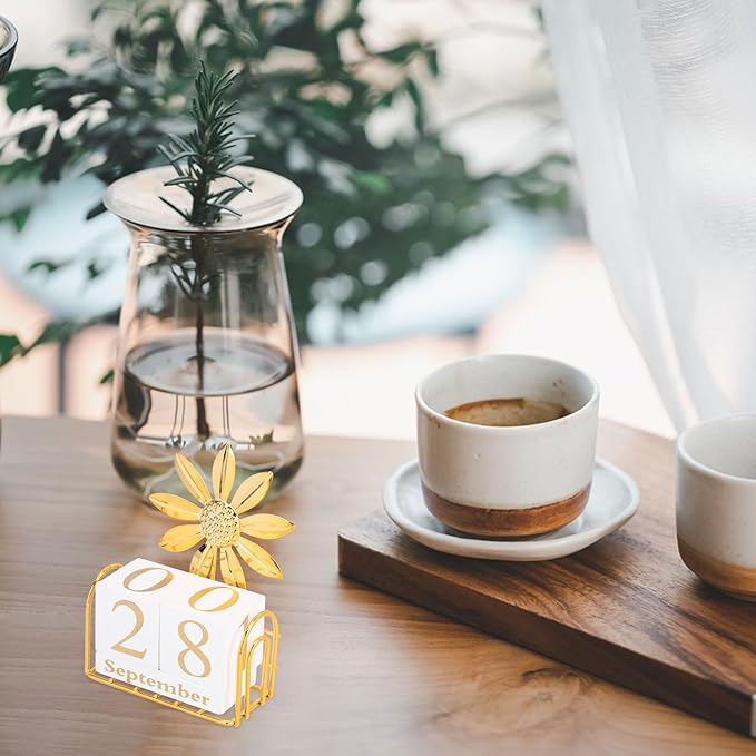 SUPVOX Wooden Block Calendar for Desk Daily Desktop Perpetual Calendar Wood Month Date Display Blocks Farmhouse Desk Accessories for Home Office Decor Reusable Yearly Sunflower Design