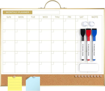 ARCOBIS Dry Erase Calendar with Cork Board for Wall, 12"x16" Magnetic Monthly Calendar Whiteboard with Gold Frame, Double-Sided Planner & White Board for Home, Office, School