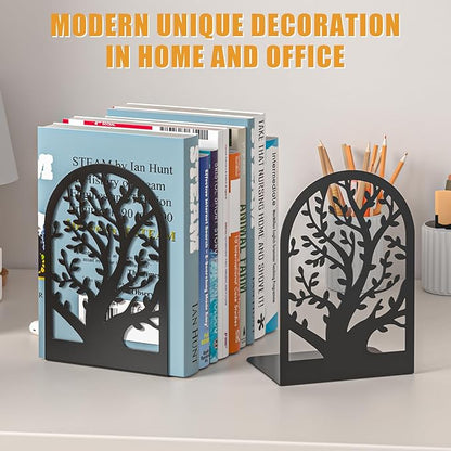 VFINE Tree Style Bookends 3 Pairs, Bookends for Shelves, Tree Metal Book Ends, Book Holder for Shelves, Decorative Unique Black Book Ends to Hold Books, Book Stopper Office Supplies