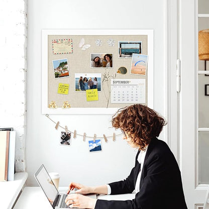 Double-Sided Large Cork Board with Linen, 30" x 20" Hanging Wood Framed Bulletin Board, Picture Display Vision Board Corkboards for Wall Room School Office Decor, 20 Pushpins,1pack