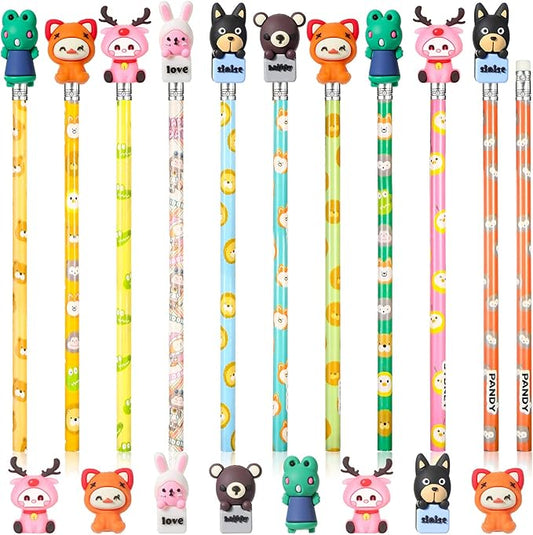 Ireer 60 Pcs Scented Pencils for Kids Animal Fruit Fun Smelly Pencils Bulk HB Graphite with 60 Pcs Cute Cartoon Toppers Gift for School Office Classroom Party Reward Supplies(Cute Style)