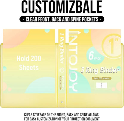 3 Ring Binder 1 Inch, IntoJoy 6 Pack Clear View 3 Hole Binder PVC-Free Fits 8.5x11 Inch Paper Flexible Round Ring Binders for School Office Home Binder Supplies (Yellow)
