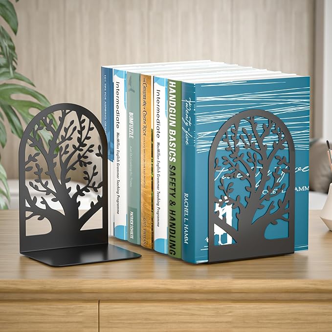 VFINE Tree Style Bookends 3 Pairs, Bookends for Shelves, Tree Metal Book Ends, Book Holder for Shelves, Decorative Unique Black Book Ends to Hold Books, Book Stopper Office Supplies