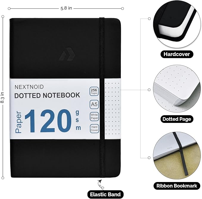 Nextnoid Hardcover Dotted Journal Notebook - 120 GSM Thick Paper, Medium A5-256 Pages - Perfect For Handwriting, Diagrams, Note-Taking and To-Do Lists (Dot, Black)