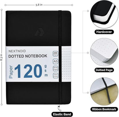 Nextnoid Hardcover Dotted Journal Notebook - 120 GSM Thick Paper, Medium A5-256 Pages - Perfect For Handwriting, Diagrams, Note-Taking and To-Do Lists (Dot, Black)