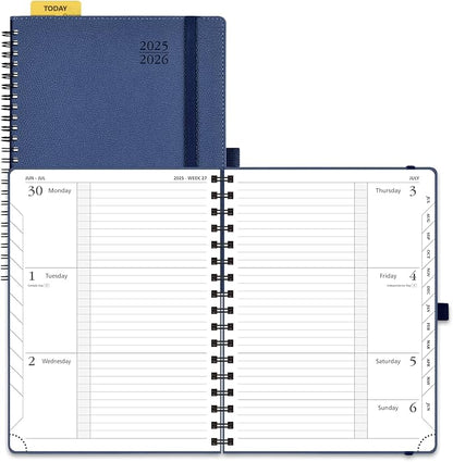 POPRUN Planner 2025-2026, Horizontal Weekly Notebook Jul.25-Jun.26 (Medium 6.75''x 8.75''), Academic Calendar Book with Monthly Tabs, Spiral Soft Cover, Inner Pocket, 100 GSM - Navy Blue