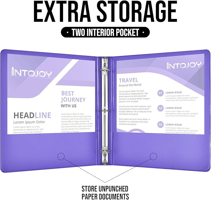 3 Ring Binder 1 Inch, IntoJoy 6 Pack Clear View 3 Hole Binder PVC-Free Fits 8.5x11 Inch Paper Flexible Round Ring Binders for School Office Home Binder Supplies (Purple)