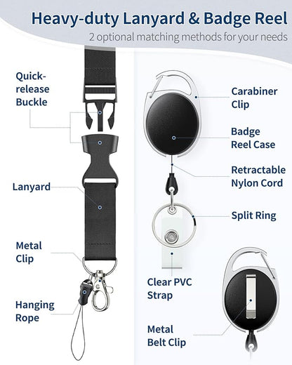Uniclife Sliding Badge Holder Vertical Plastic Case with Retractable Badge Reel Carabiner and Detachable Lanyard Strap Hard Card Protector for ID Credit Proximity Key Card Driver’s License and Pass