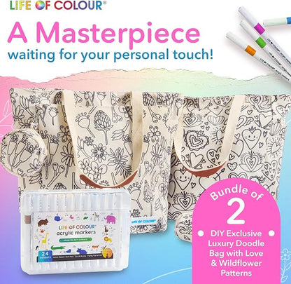 Doodle Bag Bundle – Color Your Own Tote Bags in Two Playful Patterns - Craft Kits for Adults Includes 2 Canvas Totes & 48 Acrylic Markers – DIY Painting & Art Kit for Women