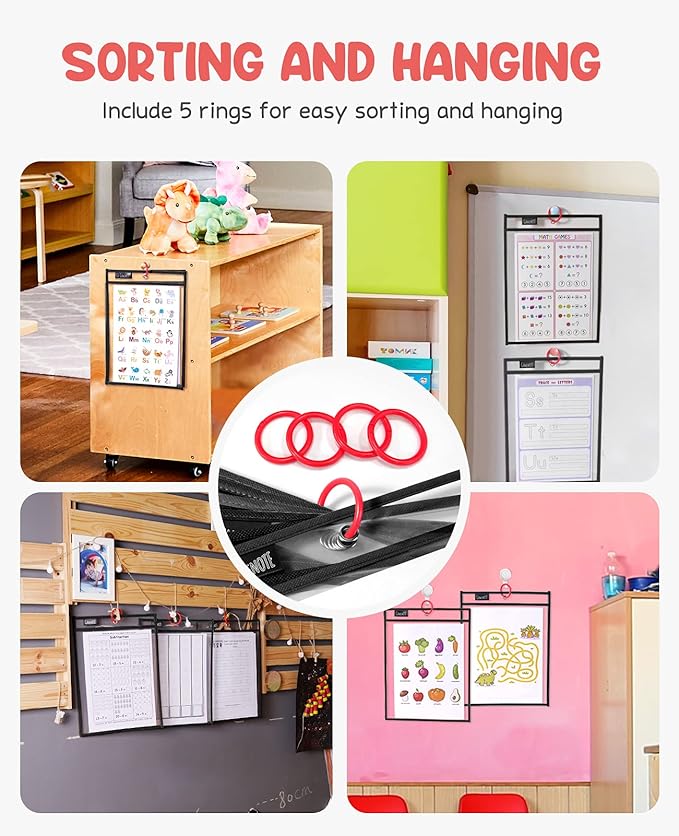 Gamenote Dry Erase Pockets 30 Pack with Rings, Oversized Reusable Plastic Sleeves Shop Ticket Holders Sheet Protectors Teacher Supplies Organization for Classroom Must Have (Black)