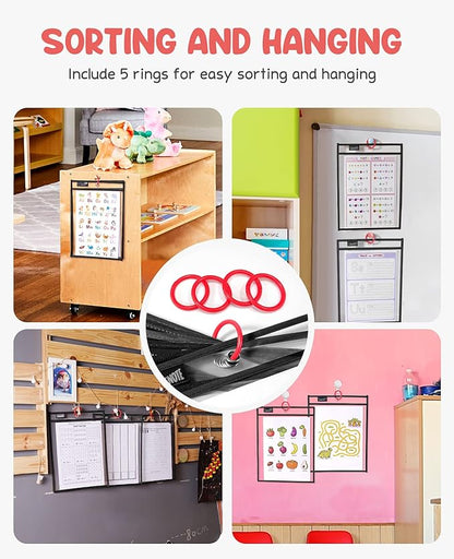 Gamenote Dry Erase Pockets 30 Pack with Rings, Oversized Reusable Plastic Sleeves Shop Ticket Holders Sheet Protectors Teacher Supplies Organization for Classroom Must Have (Black)