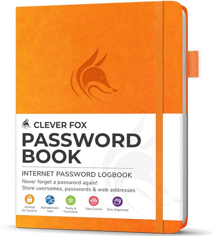 Clever Fox Password Book with Alphabetical tabs. Internet Address Organizer Logbook. Small Pocket Password Keeper for Website Logins (Yellow)
