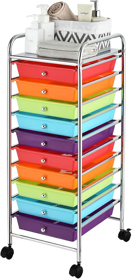 Storage Cart, Rolling Utility Cart with 10 Drawers, Portable Handles & Lockable Wheels, Mobile Paper Toys Storage Organizer Large Capacity for Home Office School Teacher (Multi-Color)