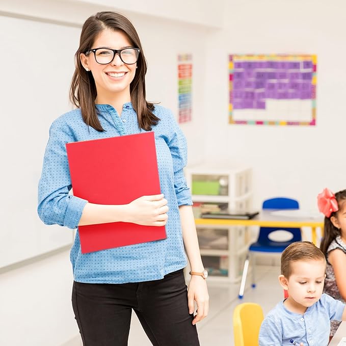 Harloon 75 Pack Two Pocket Portfolio Folders Bulk, 8.5 x 11 Inches Textured Paper with Business Card Slot Letter Size File Folders for Office School Classroom (Red)