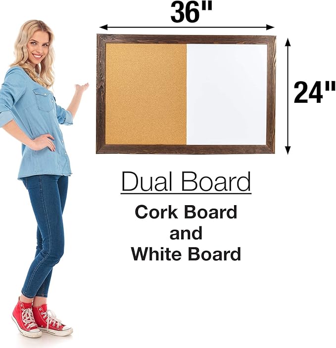 Excello Global Products Dry Erase Cork Board Combo: Magnetic White Board with Cork Bulletin & Rustic Wooden Frame for Home, School, Office - 24"x36"
