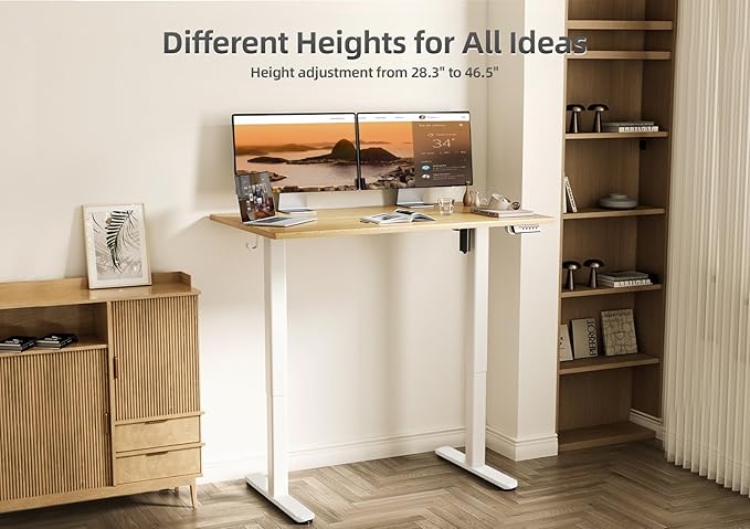 Bamboo Electric Standing Desk, Adjustable Height Stand up Desk, 48x24 Inches Sit Stand Home Office Desk with Splice Board, White Frame/BambooTop