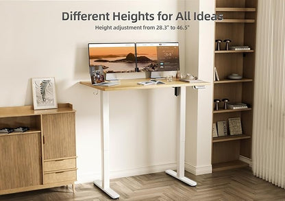 Bamboo Electric Standing Desk, Adjustable Height Stand up Desk, 48x24 Inches Sit Stand Home Office Desk with Splice Board, White Frame/BambooTop