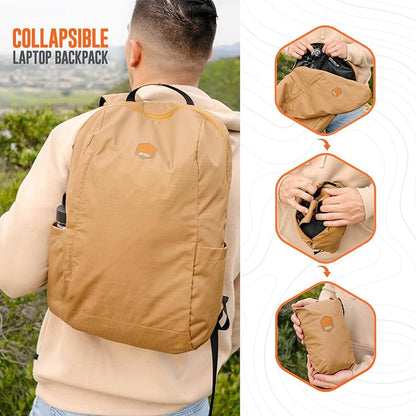 STM BagPack - Lightweight Travel Backpack - Inflatable Laptop Protection for up to 16" Laptop - Compact Self Contained Storable Bag, Water Resistant, Use as a Daypack or Everyday Pack - coffee brown