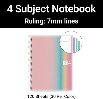 M MiquelRius, Lined 4 Subject Notebook, 11" x 8.5", 120 Perforated Sheets, Colored Sections, 3 Hole Punched,West Bay Design Cardboard Cover