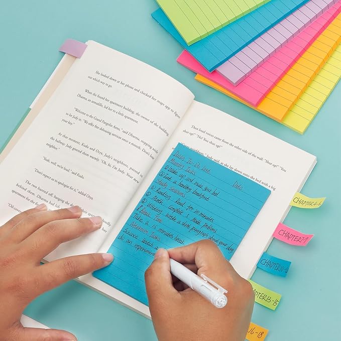 Upgraded 6 Color Lined Sticky Notes & Index Tabs Set, Bright Color Strong Adhesive 4x6 Inch Sticky Note Pads with Lines and Index Strips for Office Study Book (45 Sheets/Pad, 12 Pads)
