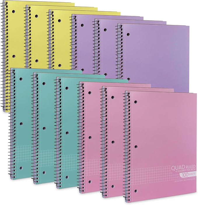 Graph Paper Spiral Notebook - Graph Paper Notebook, Quad Ruled Grid Notebooks, Perforated Pages - 10.5 X 8 Inches - 1 Subject Wirebound Notebook - Assorted Colors - 100 Sheets per Book - (12 Pack)