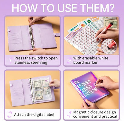 100 Envelopes Challenge Binder Savings Challenges Book, A5 Money Saving Planner Cash Envelope Budget Binder with Erasable Pen, Easy and Fun Way to Save $5,050, 10,000 and $500 (Dazzle Silver)