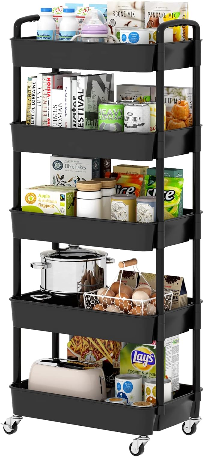 Sywhitta 5-Tier Plastic Rolling Utility Cart with Handle, Multi-Functional Storage Trolley for Office, Living Room, Kitchen, Movable Storage Organizer with Wheels, Black
