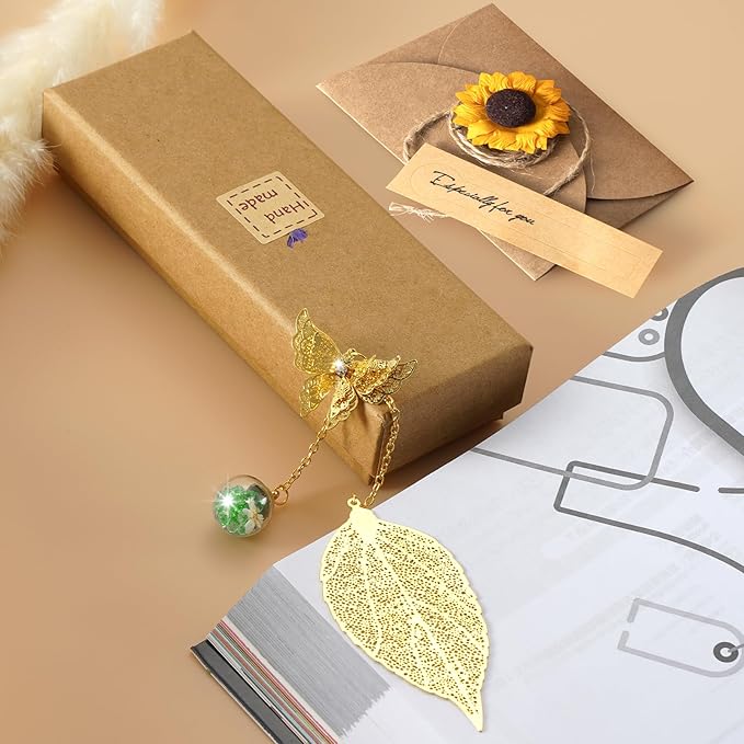 Golden Leaf Metal 3D Bookmark with Bonus Handmade Greeting Card, Butterfly & Sunflower Craft Gift Card Envelope, Gift for Book Lovers, Family, Friends, Teacher & Kids Chongzhen