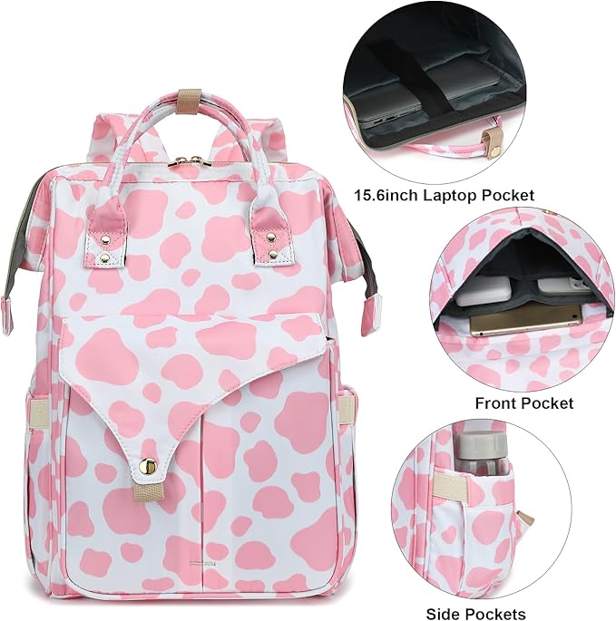 Cow Print Laptop Backpack College School Backpack Bookbags Nurse Backpacks Travel Bags for Women Girls Fits 15.6 Inch Notebook (Pink)