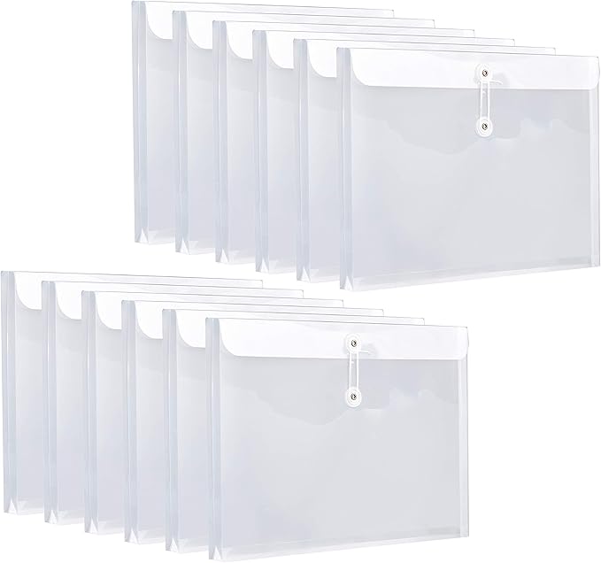 12 Pack Plastic Letter Size Envelopes with Button & String Tie Closure, 1-1/6" Expansion, Side Load, Clear Poly Reusable File Folders Project Paper Documents Organizer for Office School & Home