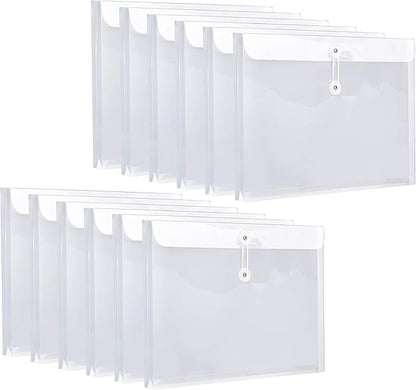 12 Pack Plastic Letter Size Envelopes with Button & String Tie Closure, 1-1/6" Expansion, Side Load, Clear Poly Reusable File Folders Project Paper Documents Organizer for Office School & Home