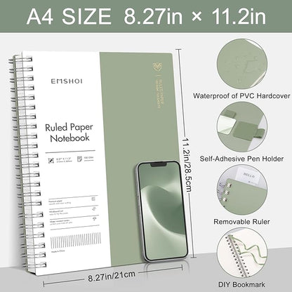 EMSHOI Lined Journal A4 Spiral Notebook, College Ruled Notebook, 300 Pages/150 Sheets, 100gsm Acid-Free Paper, Waterproof Softcover Notebook for School, Work, Writing, 8.27" × 11.2" - Light Green