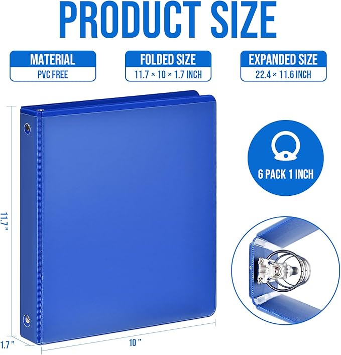 3 Ring Binder 1 Inch, IntoJoy 6 Pack Clear View 3 Hole Binder PVC-Free Fits 8.5x11 Inch Paper Flexible Round Ring Binders for School Office Home Binder Supplies (Multicolored)