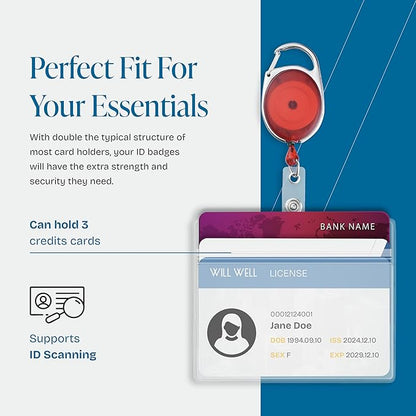 Will Well ID Badge Holders with Clip and Keyring - Horizontal Clear Plastic 3.7" x 2.5" Sleeves Fit Up to 3 Cards - Retractable 24" UHMWPE Fiber Pull Cords - 2-Pack, Transparent Red Reels