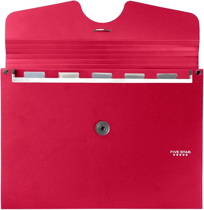 Five Star 6 Pocket Expanding File Organizer, Plastic Expandable File Folders with Pockets and Tab Inserts, Holds 11" x 8-1/2", Bungee Closure, Fire Red (72387)