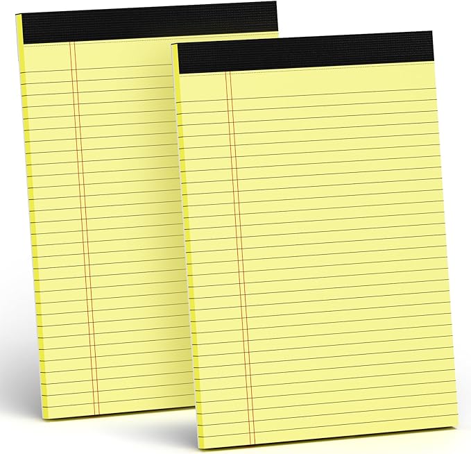 Legal Pad 8.5 x 11, Wide Ruled, 2 Pack, Yellow Legal Pad 8-1/2 x 11, Lined Paper Pads 8.5 x 11, Easy Tears Off, Cardboard Backing, Lined Writing Note Pad, Yellow 70 GSM Pads Of Paper, 30 Sheets/Pad