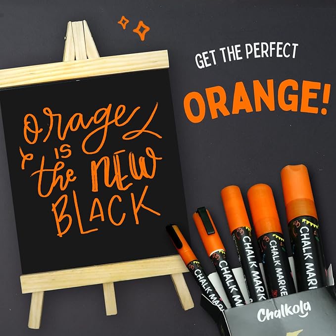 5 Orange Chalkboard Chalk Markers - Orange Dry Erase Markers for Blackboard, Chalkboard Signs, Windows, Glass | Variety Pack - Fine & Jumbo Size Ink Pen (1mm, 3mm, 6mm, 10mm, 15mm)