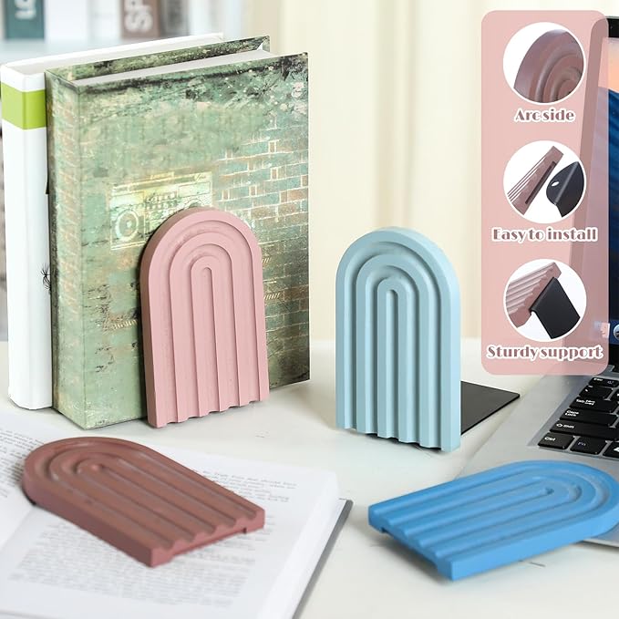 Harloon 4 Pieces Boho Arch Wood Bookends Rainbow Arch Back to School Gift Ideas Non Skid Bookend Decorative Wooden Book Stand Book Stoppers for Books Movies CDs(Morandi Color)