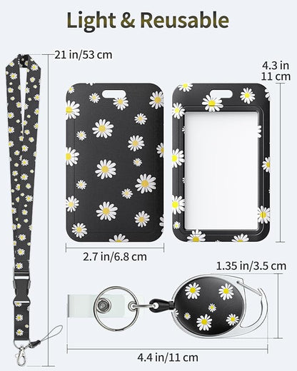 Uniclife Floral Sliding Badge Holder White Flower Plastic Case with Retractable Badge Reel Carabiner Clip & Detachable Lanyard Strap Fashionable Vertical Card Protector for Women Nurse Teacher Student
